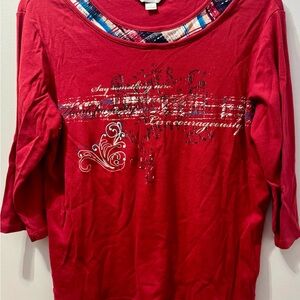 Christopher & Bank Red Long Sleeve Top, plaid layered neckline, Women's Size XL